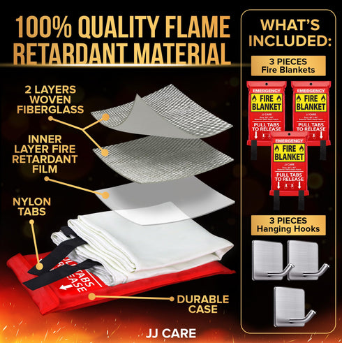 JJ CARE Fire Blanket - 3 Packs with Hooks - Emergency Fire Blanket for Home & Kitchen, High Heat Resistant Fire Suppression Blankets for Home Safety, Kitchen, and Camping